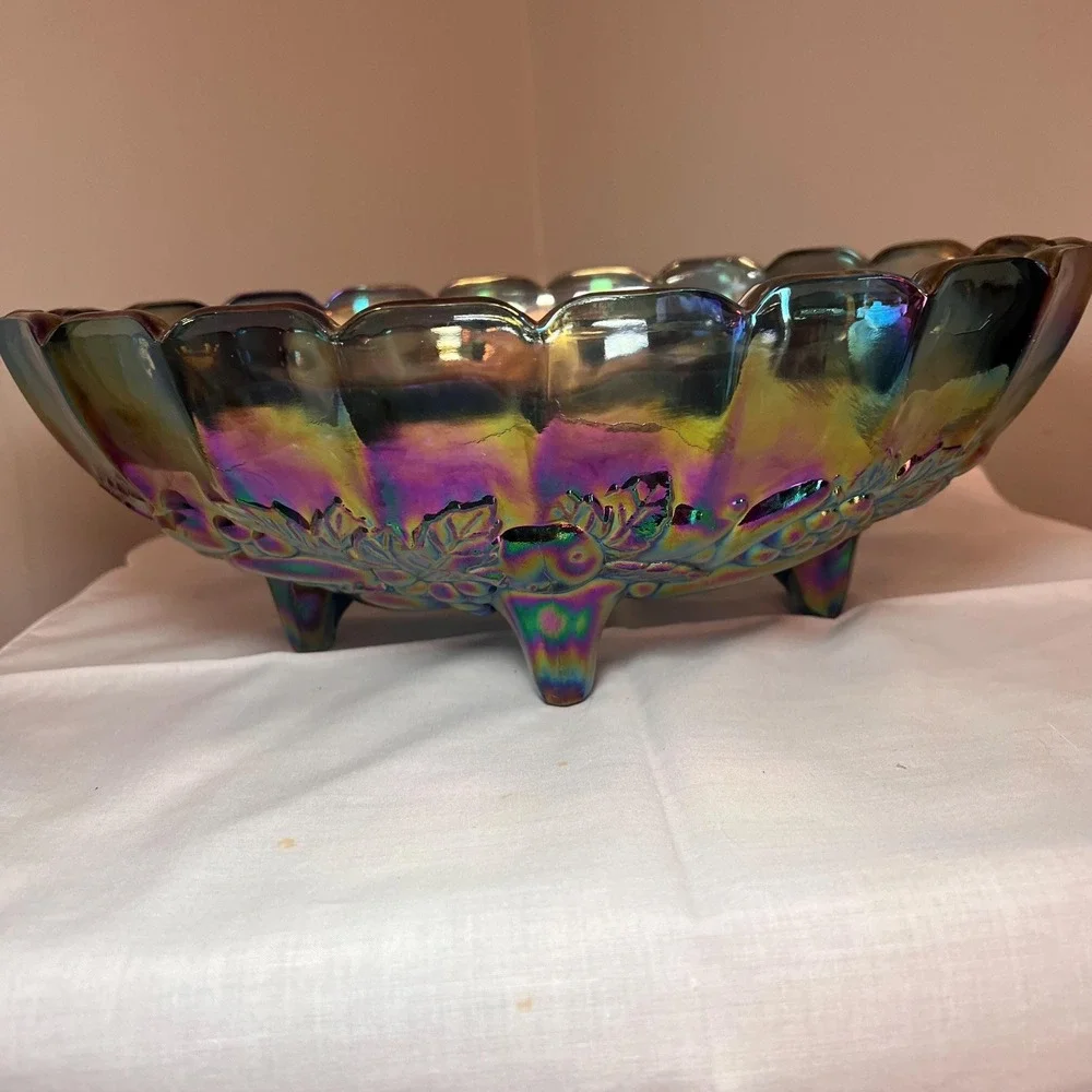 Vintage Carnival Glass Blue Iridescent Footed Fruit Bowl Harvest Pattern 12